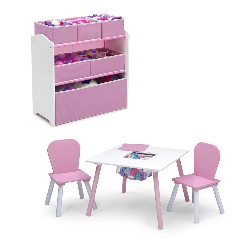 델타 어린이 4 피스  놀이방 세트, 핑크 화이트 어린이 책상 및 의자 세트, 어린이 테이블 어린이 공부 책상